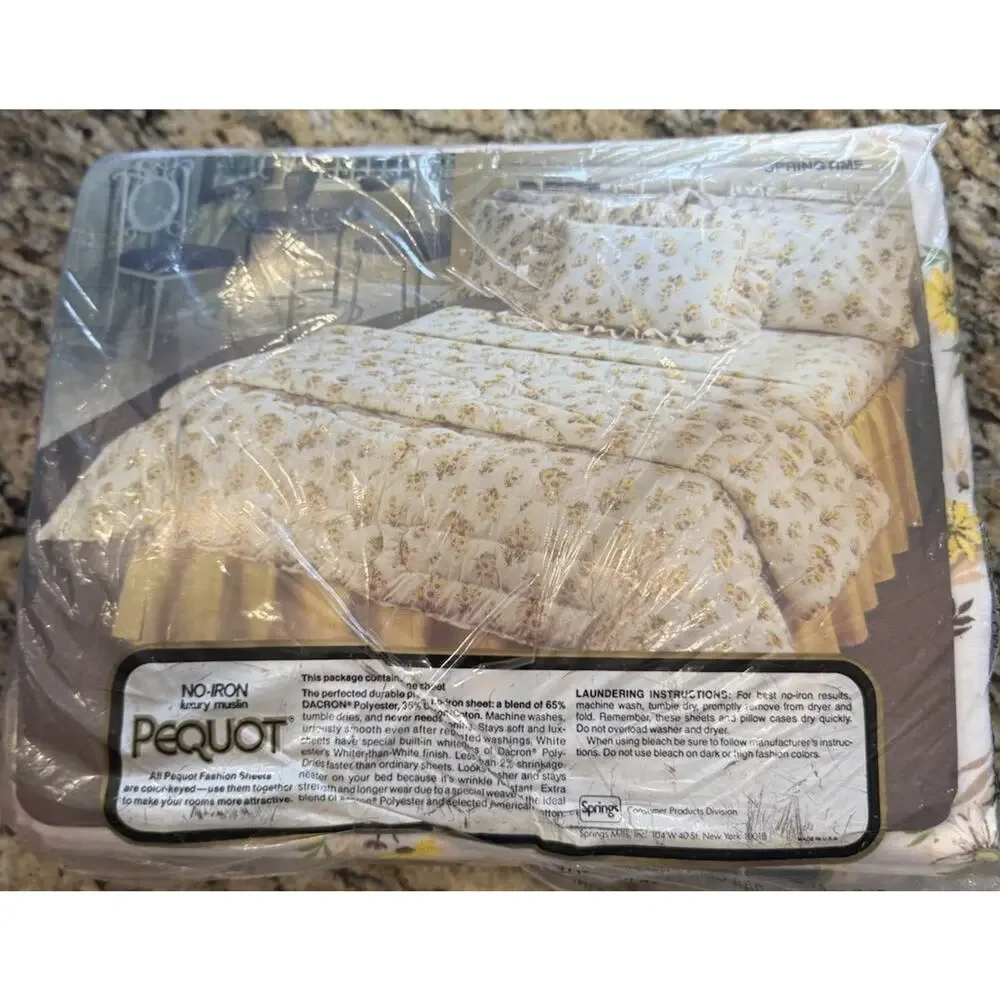 VTG 1980s Pequot No-Iron Percale Double Flat Fitted Sheet Set Dainty Daisies NEW